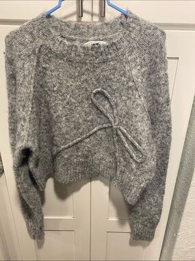 American Eagle Outfitters Soft Gray Fuzzy Bow Crew Sweater